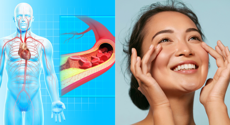 Split image showing a digital illustration of a human circulatory system and a close-up of a smiling woman touching her face, symbolizing health and skincare.