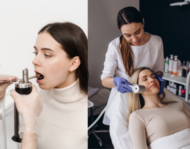 The image shows two scenes involving medical or wellness treatments. On the left, a woman is receiving a throat examination using a specialized medical instrument. On the right, another woman is lying down as a healthcare professional performs a facial treatment using a handheld device, likely a skincare procedure involving cryotherapy or a similar technique. Both scenes suggest a focus on health, wellness, and advanced medical or cosmetic treatments.