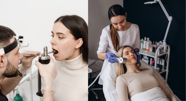 The image shows two scenes involving medical or wellness treatments. On the left, a woman is receiving a throat examination using a specialized medical instrument. On the right, another woman is lying down as a healthcare professional performs a facial treatment using a handheld device, likely a skincare procedure involving cryotherapy or a similar technique. Both scenes suggest a focus on health, wellness, and advanced medical or cosmetic treatments.