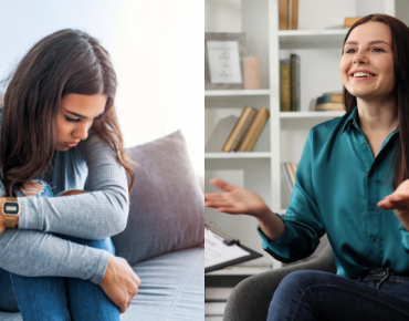 Side-by-side image showing a woman sitting on a couch looking anxious and stressed (left), and the same woman during a therapy session, appearing happy and engaged (right).