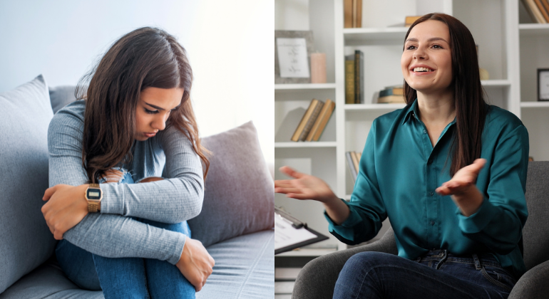 Side-by-side image showing a woman sitting on a couch looking anxious and stressed (left), and the same woman during a therapy session, appearing happy and engaged (right).