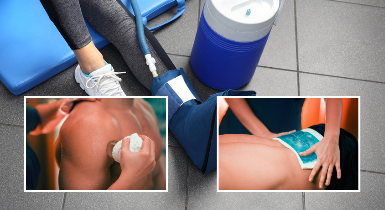 Various cryotherapy techniques used for injury recovery in athletes: one image shows a cold compression device applied to the ankle, while two insets depict an ice massage on the shoulder and a cold pack treatment on the lower back.