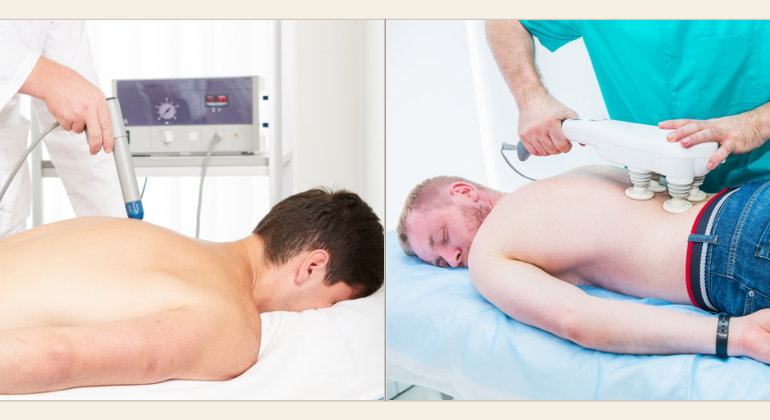 Two images side by side showing cryotherapy treatments. On the left, a patient receives localized cryotherapy with a handheld device applied to the back. On the right, another patient undergoes a more advanced cryotherapy treatment using a larger machine. Both procedures aim to reduce pain and inflammation in the back.