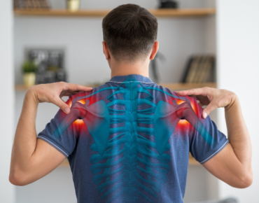 Man experiencing shoulder pain with highlighted areas of discomfort