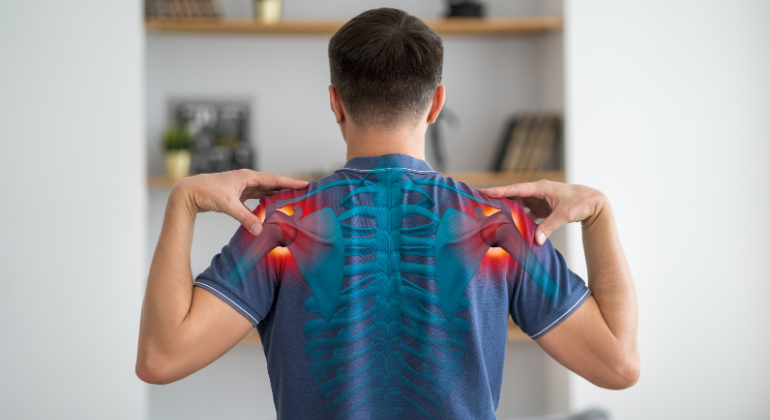 Man experiencing shoulder pain with highlighted areas of discomfort