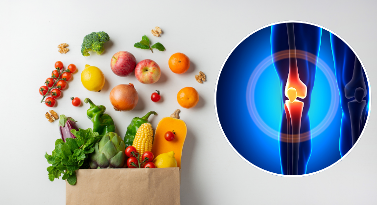 A selection of fresh fruits and vegetables spilling out of a paper bag, alongside an inset image of a knee joint with inflammation highlighted. This represents the link between a healthy diet and reducing knee pain or joint inflammation.