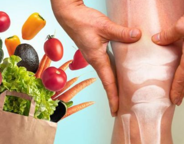 A concept image showing healthy foods like vegetables and fruits alongside a person holding their knee, with an X-ray illustration of the knee joint. This represents the connection between nutrition and joint health.