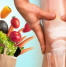 A concept image showing healthy foods like vegetables and fruits alongside a person holding their knee, with an X-ray illustration of the knee joint. This represents the connection between nutrition and joint health.