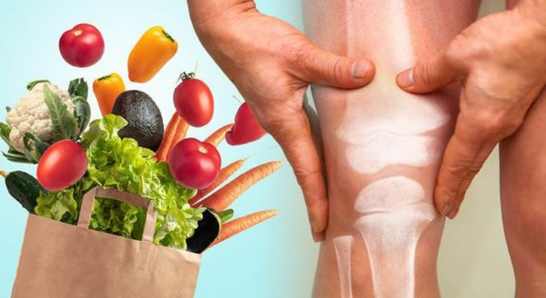 A concept image showing healthy foods like vegetables and fruits alongside a person holding their knee, with an X-ray illustration of the knee joint. This represents the connection between nutrition and joint health.