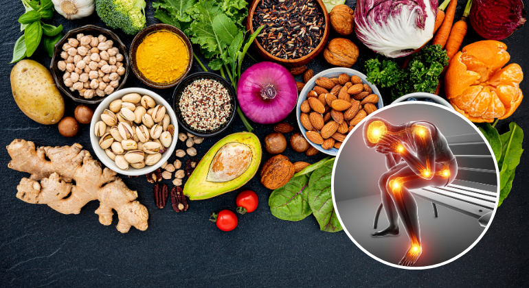 A variety of anti-inflammatory foods, including nuts, vegetables, and spices, displayed on a table, with an inset graphic of a person experiencing joint pain. This highlights the role of diet in managing inflammation and joint health.