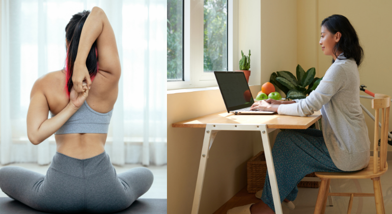 A woman practicing yoga in a seated position for better posture and core strength, and another woman sitting at a desk with proper ergonomic posture while working on a laptop.