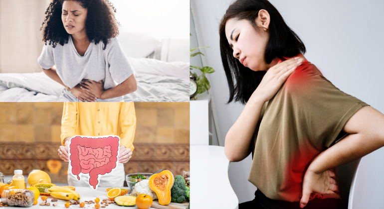 An image showing symptoms and causes of navel displacement: a woman holding her stomach in pain, a diagram of a healthy digestive system with fruits and vegetables, and a woman experiencing back pain.