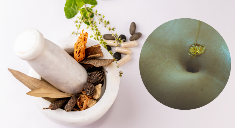 A collage featuring Ayurvedic herbs and remedies, with a close-up inset image of oil being applied to the navel, possibly highlighting natural treatments for navel displacement or digestive health.