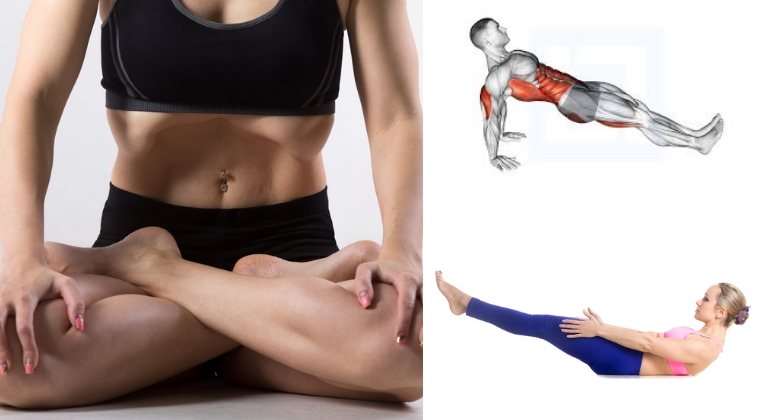 A collage featuring core-strengthening exercises and yoga for abdominal health. The main image shows a person sitting in a meditative pose, while the side images illustrate exercises like reverse plank and boat pose, which help strengthen core muscles and improve navel stability.